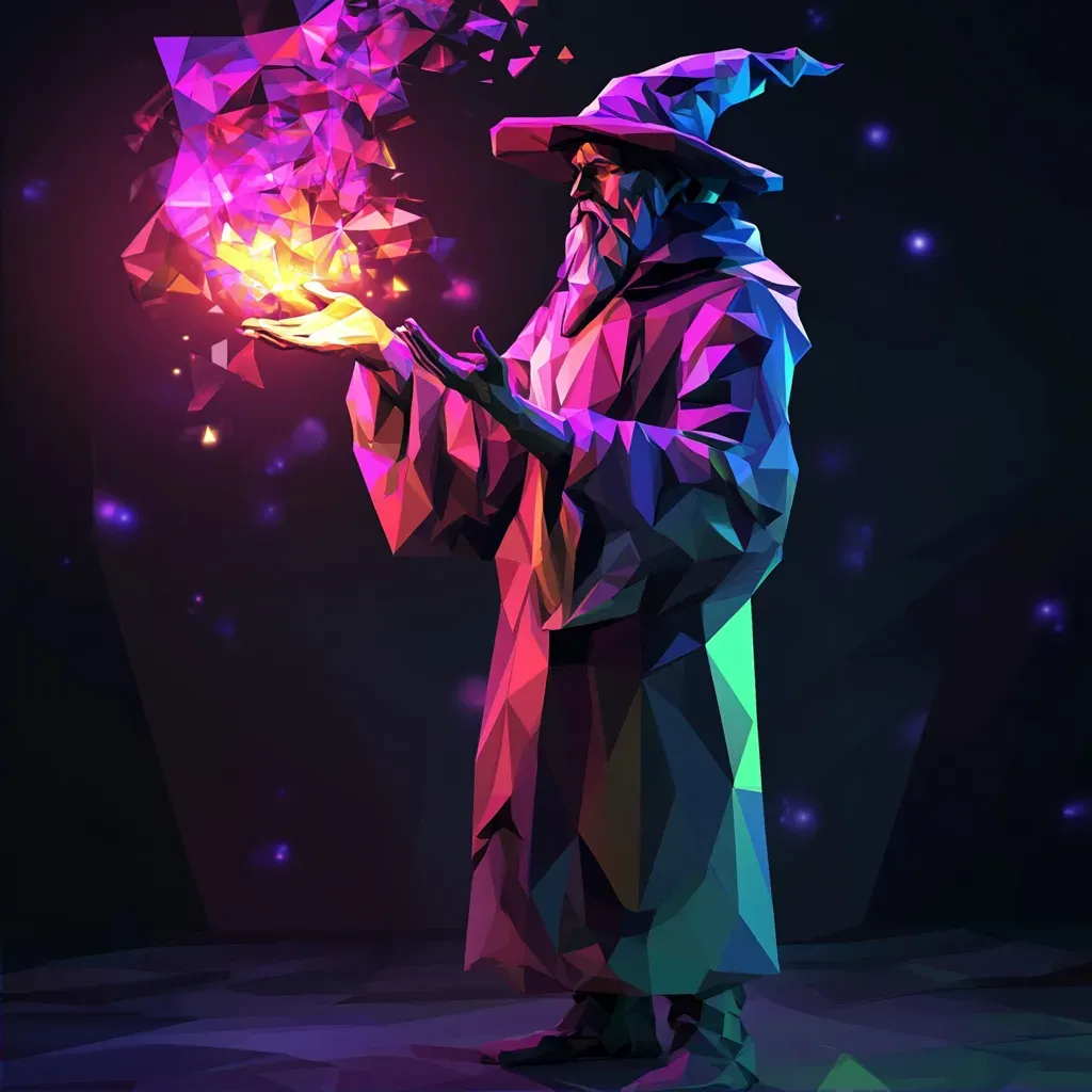 Low poly sorcerer with neon highlights casting a spell, influenced by pop art - Image 2