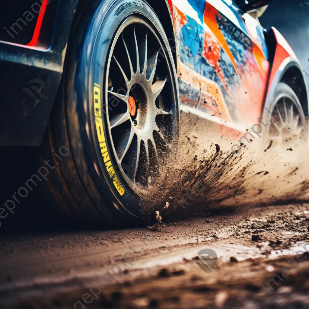 Close-up of a racing car tire kicking up dirt during a race - Image 1