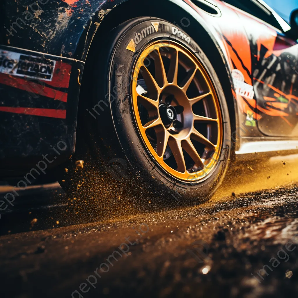 Close-up of a racing car tire kicking up dirt during a race - Image 4