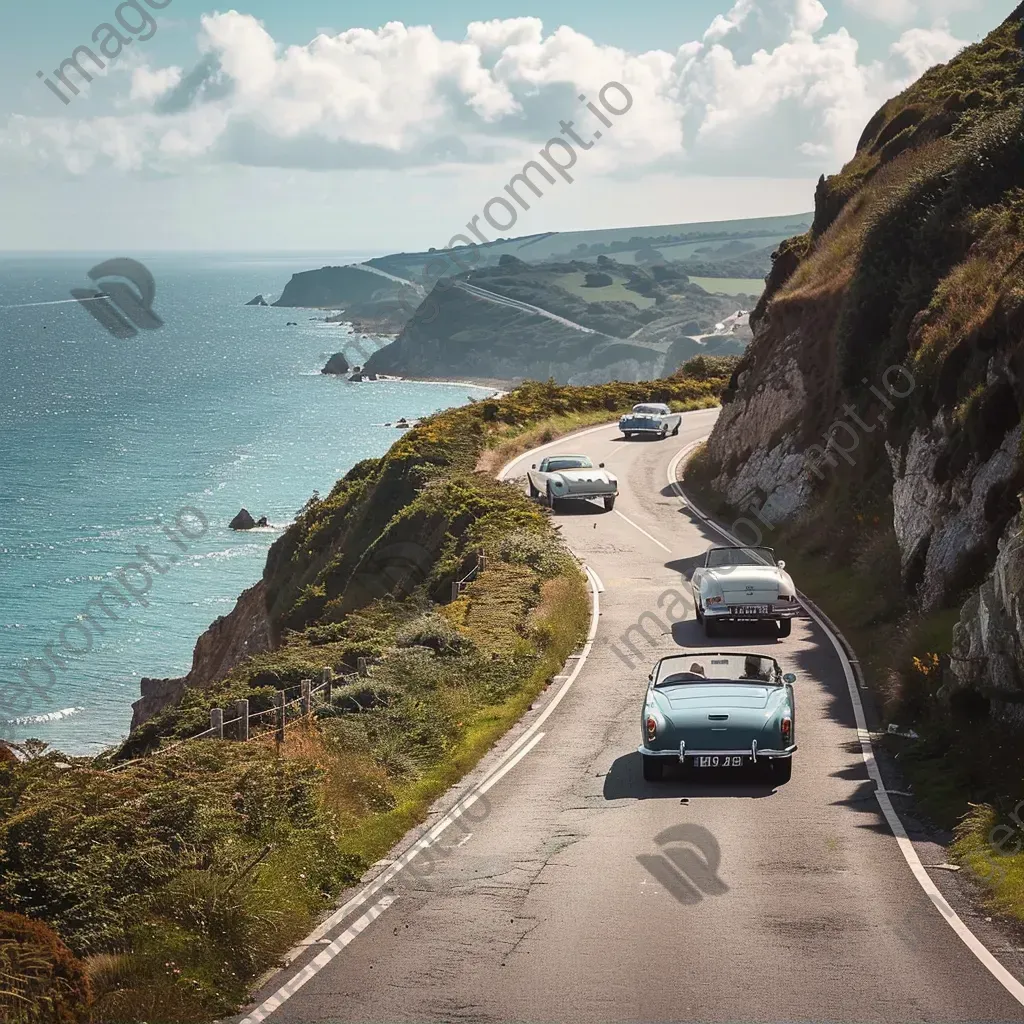 Vintage car rally on coastal road with classic automobiles - Image 1