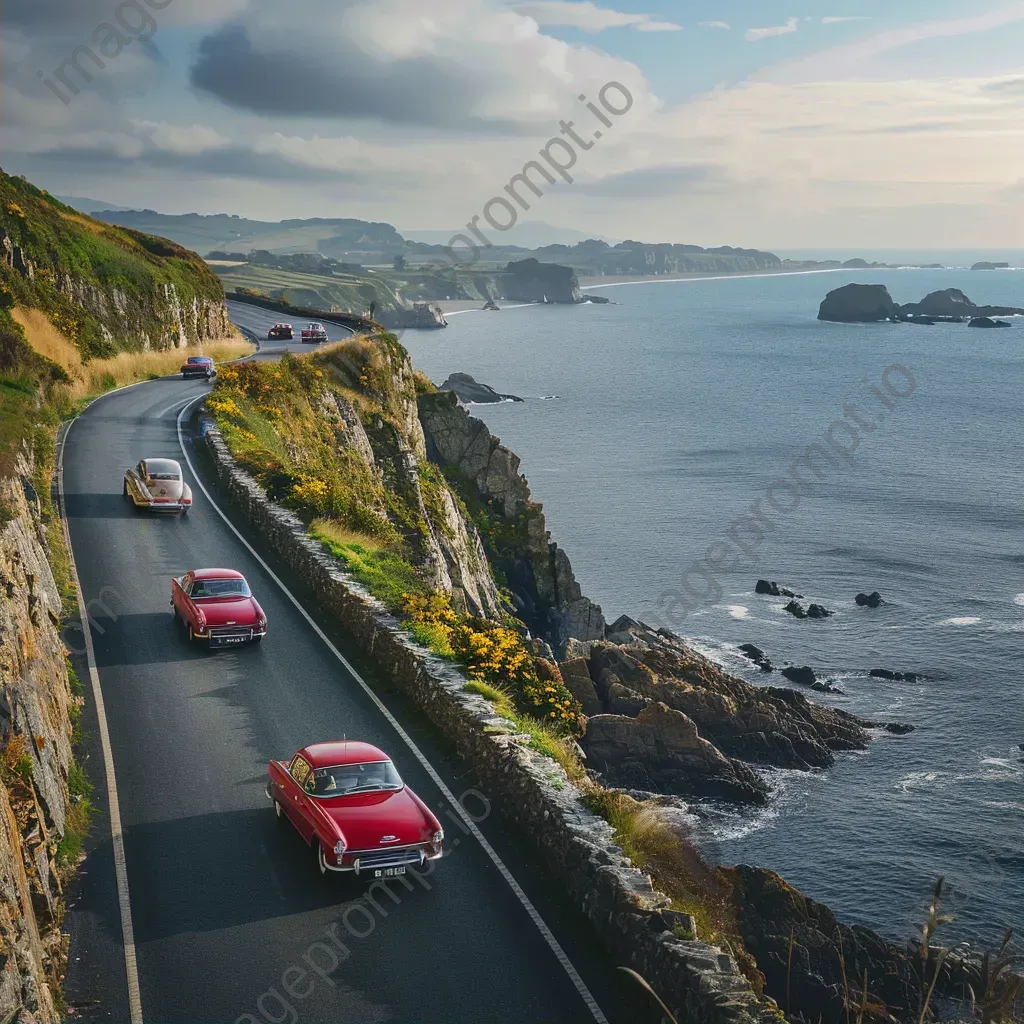 Vintage car rally on coastal road with classic automobiles - Image 2