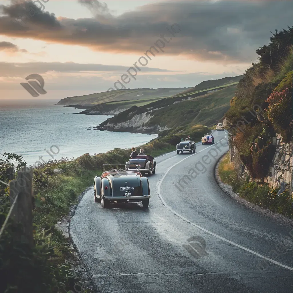 Vintage car rally on coastal road with classic automobiles - Image 3