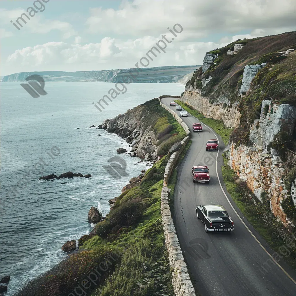 Vintage car rally on coastal road with classic automobiles - Image 4