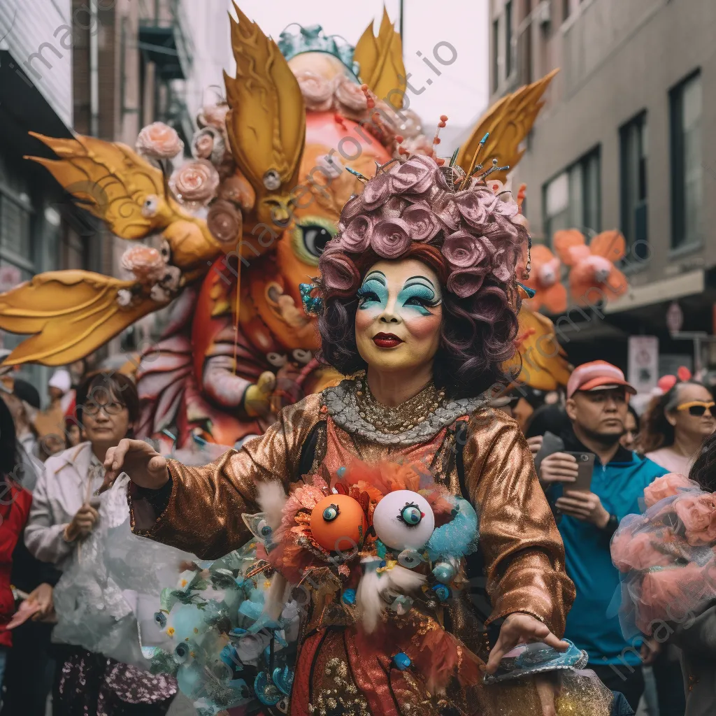 Parade with floats and performers in a colorful city celebration - Image 1