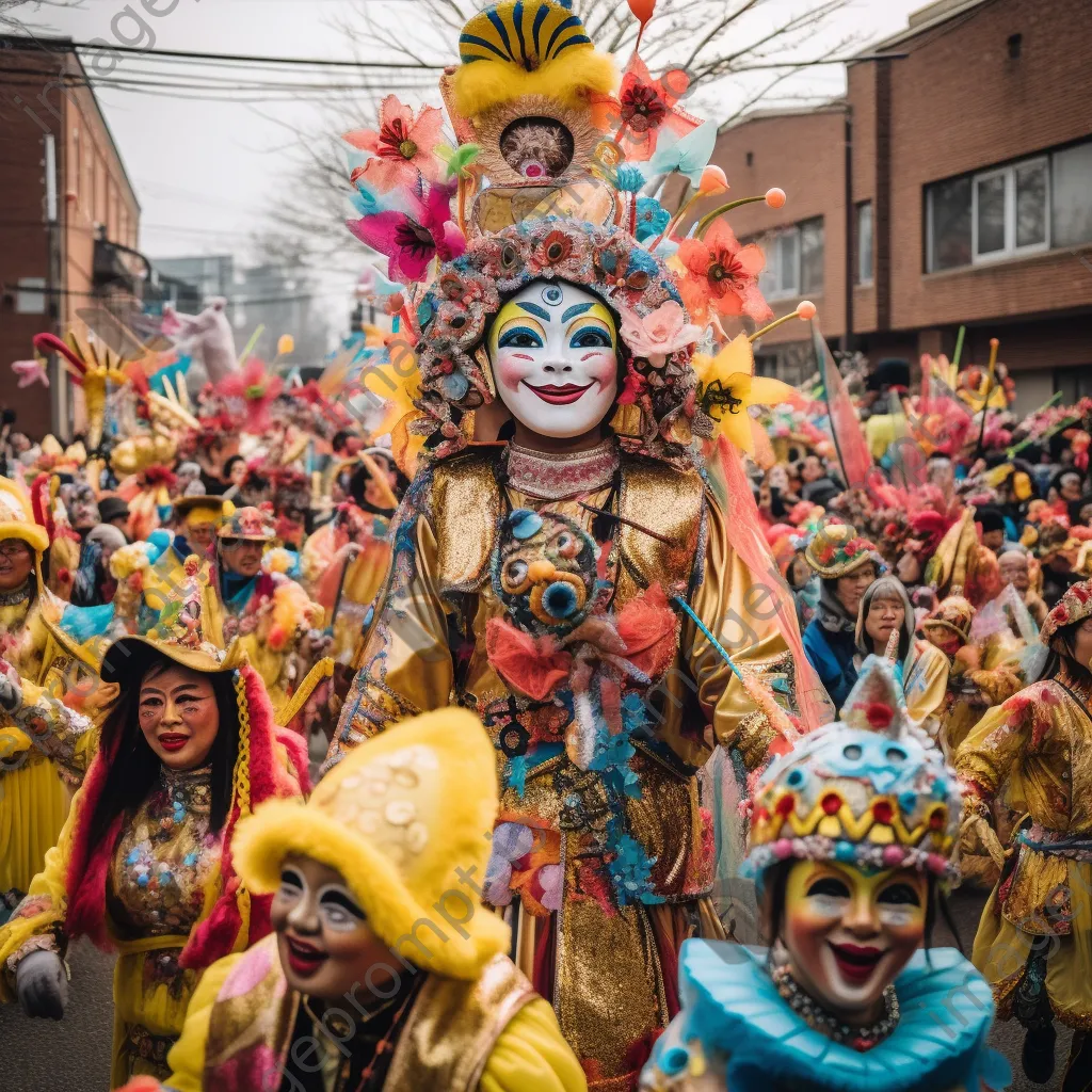 Parade with floats and performers in a colorful city celebration - Image 2