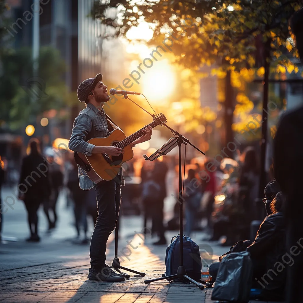 Solo singer with acoustic guitar performing on a street corner during sunset. - Image 1