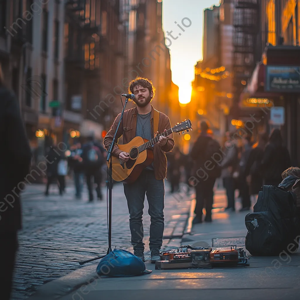 Solo singer with acoustic guitar performing on a street corner during sunset. - Image 2