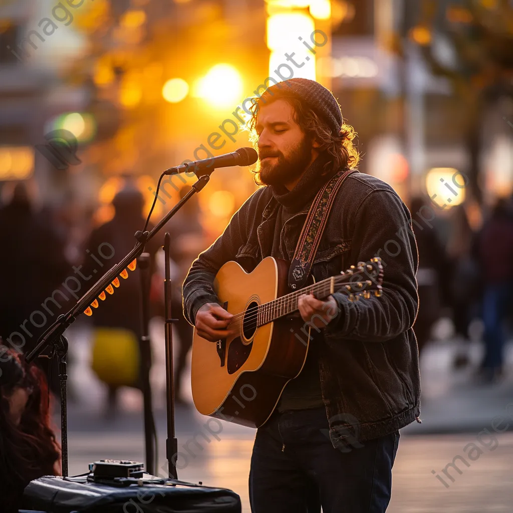 Solo singer with acoustic guitar performing on a street corner during sunset. - Image 3