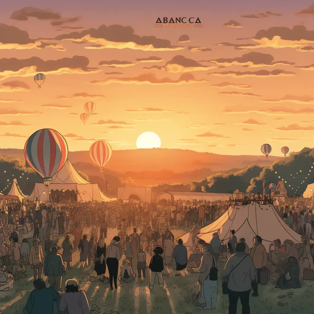 Image of a dynamic music festival with a large crowd and stages under a sunset - Image 1