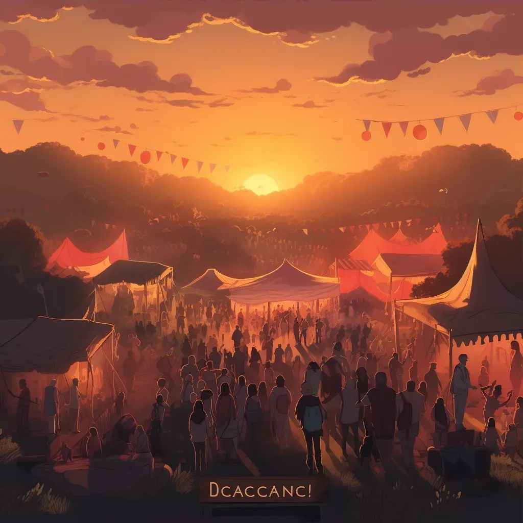 Image of a dynamic music festival with a large crowd and stages under a sunset - Image 3