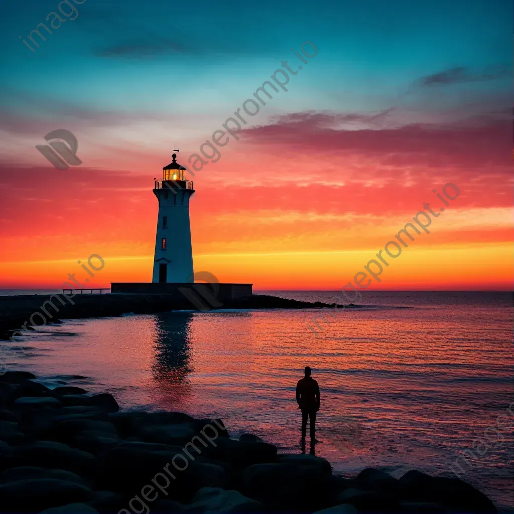 Silhouette of a lone lighthouse against a colorful sunset sky - Image 1