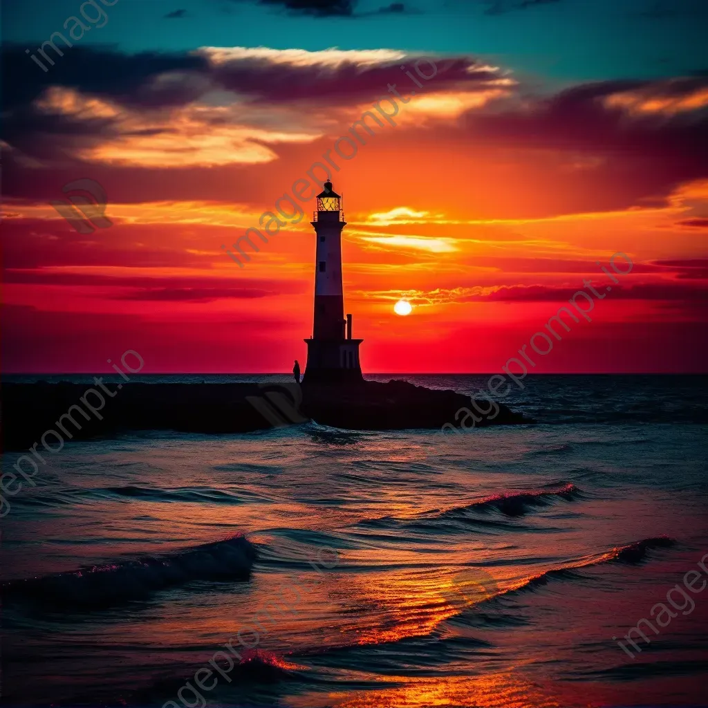 Silhouette of a lone lighthouse against a colorful sunset sky - Image 2