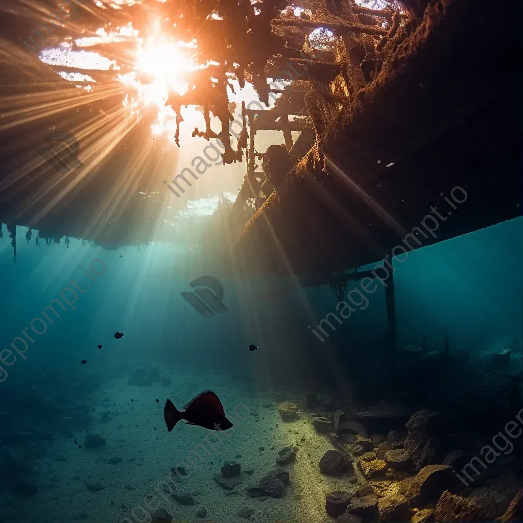 Wreckage of cargo ship with gliding rays underwater - Image 1