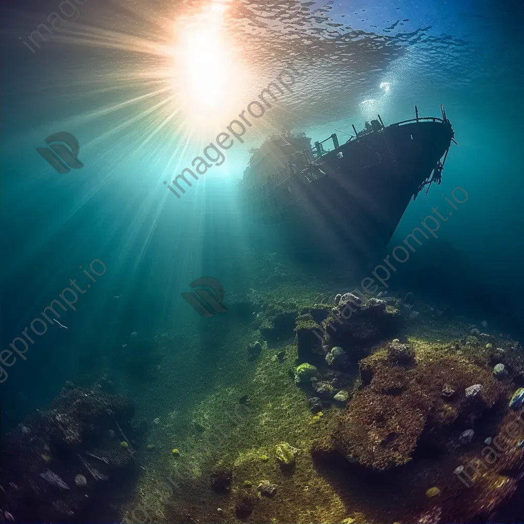 Wreckage of cargo ship with gliding rays underwater - Image 2