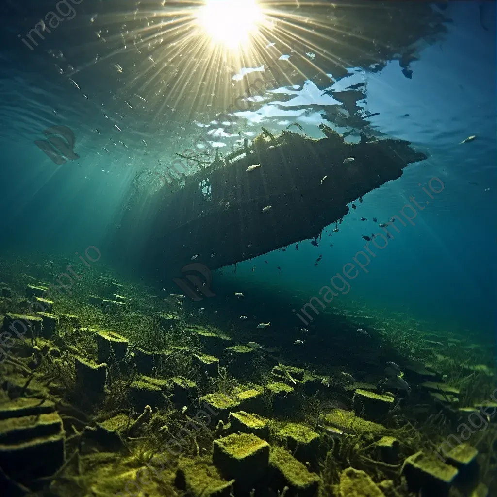 Wreckage of cargo ship with gliding rays underwater - Image 3