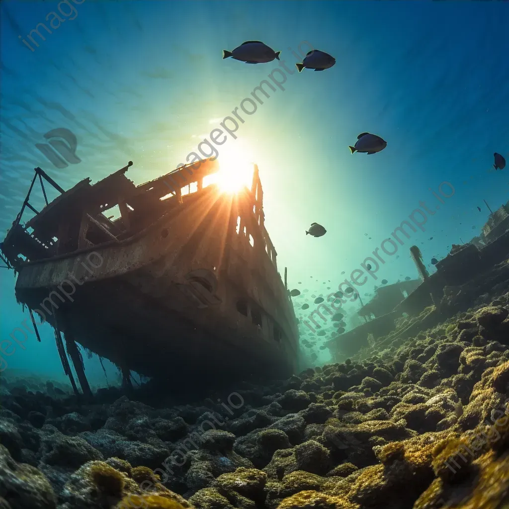 Wreckage of cargo ship with gliding rays underwater - Image 4