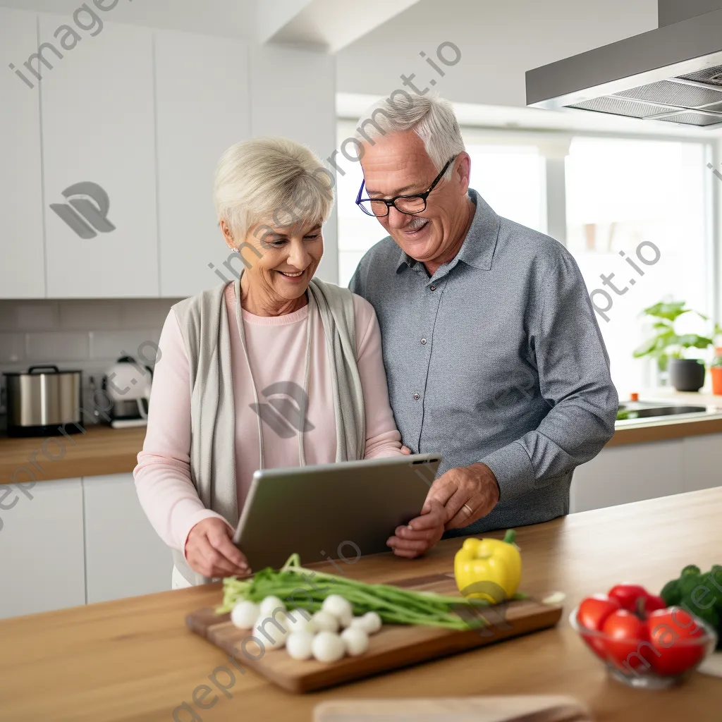 Elderly couple using a tablet for a telemedicine session in a bright kitchen. - Image 1