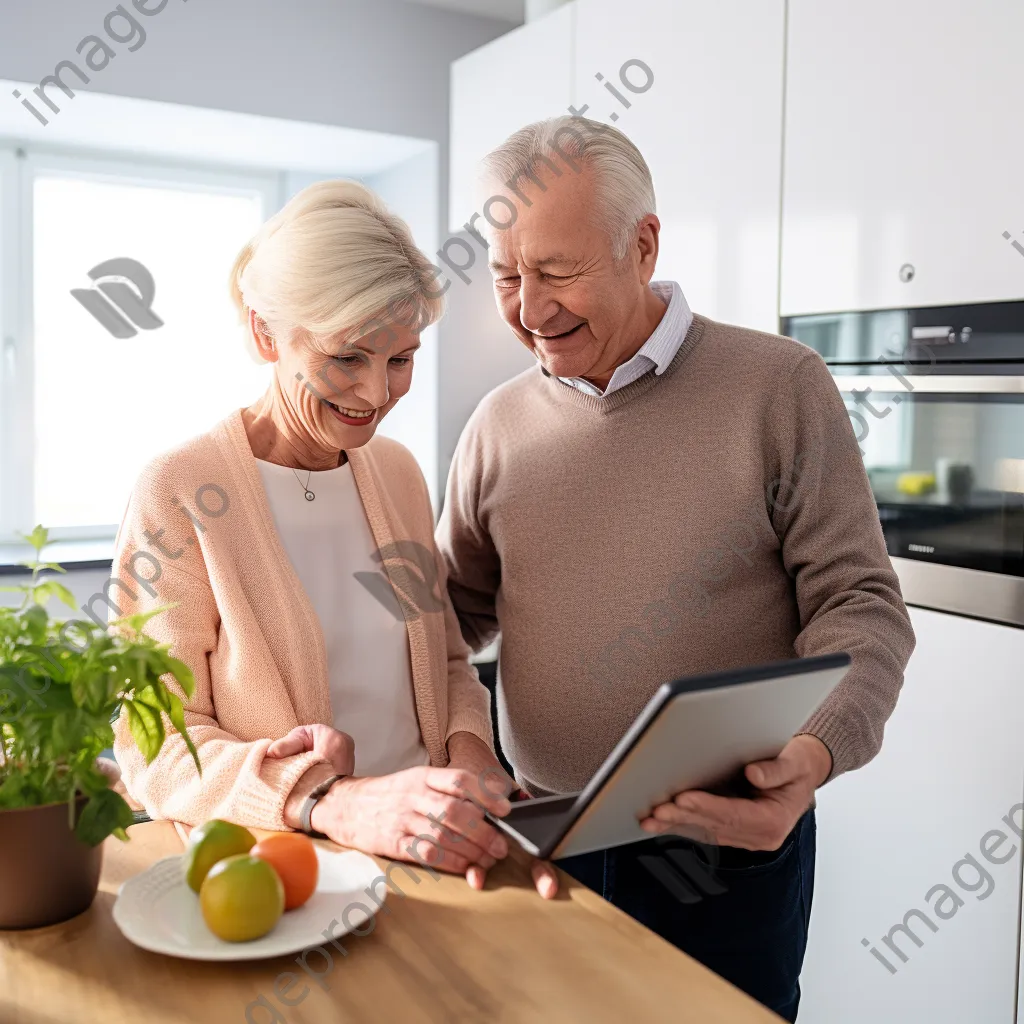 Elderly couple using a tablet for a telemedicine session in a bright kitchen. - Image 2