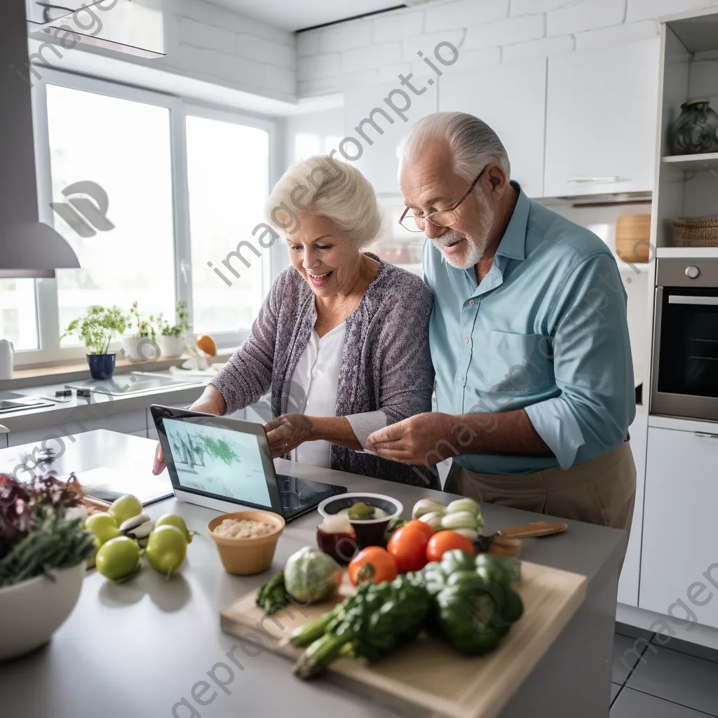 Elderly couple using a tablet for a telemedicine session in a bright kitchen. - Image 3