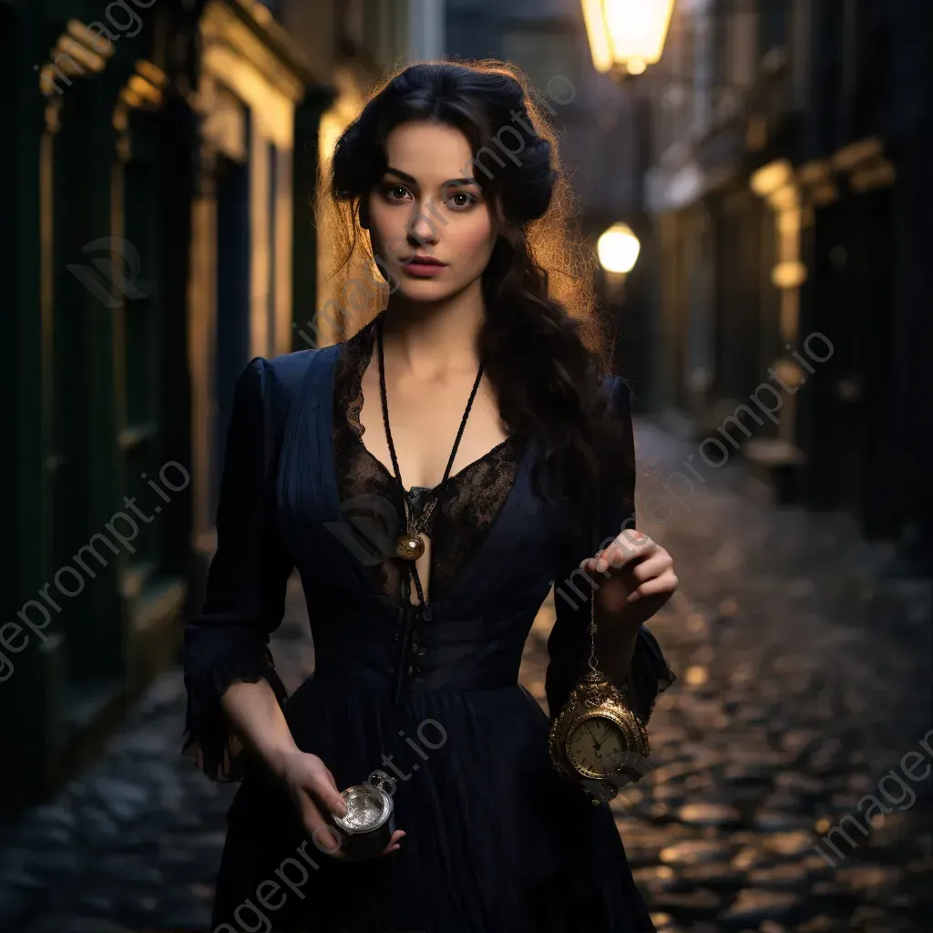 Portrait of a mysterious woman in Victorian attire with pocket watch in alley - Image 1