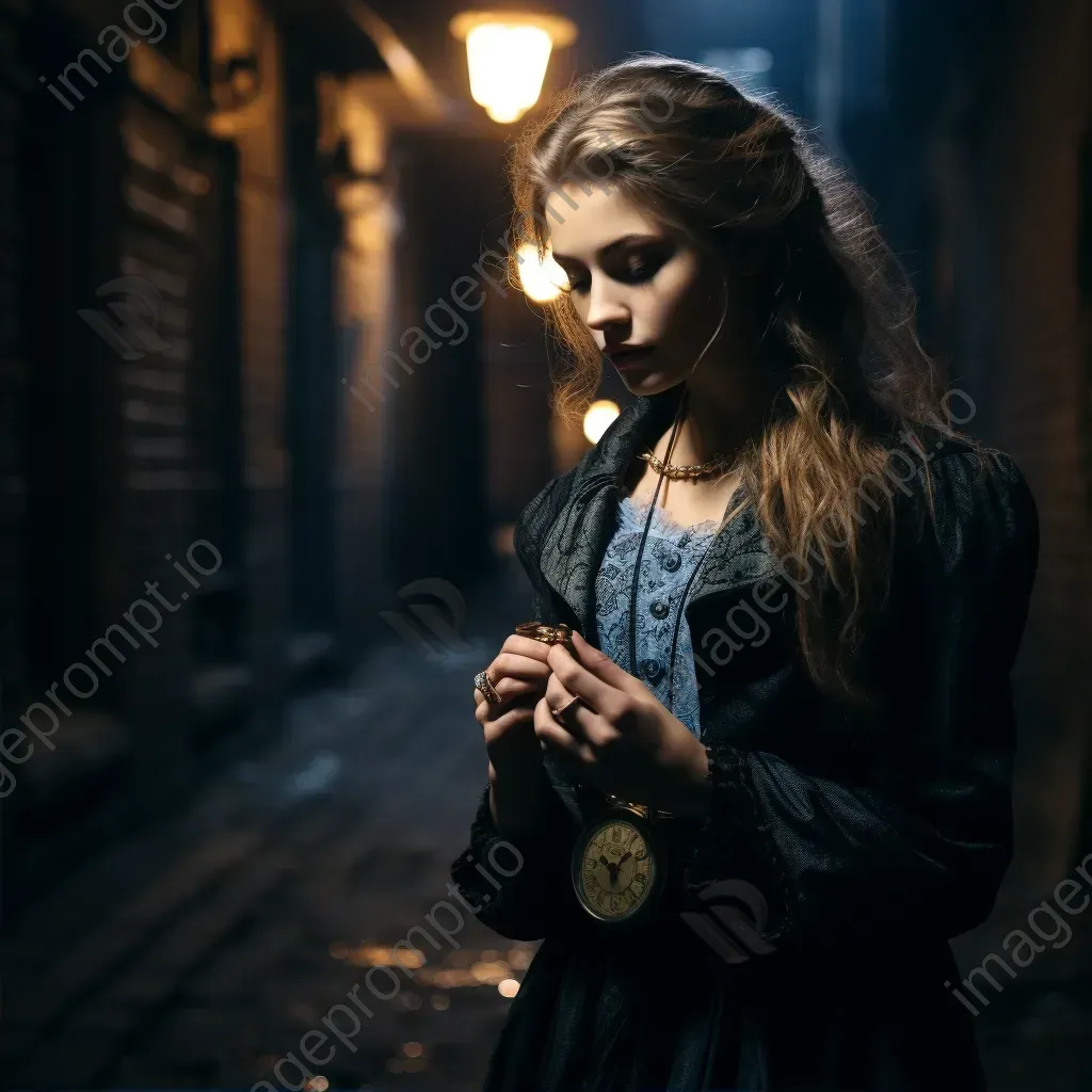 Portrait of a mysterious woman in Victorian attire with pocket watch in alley - Image 2