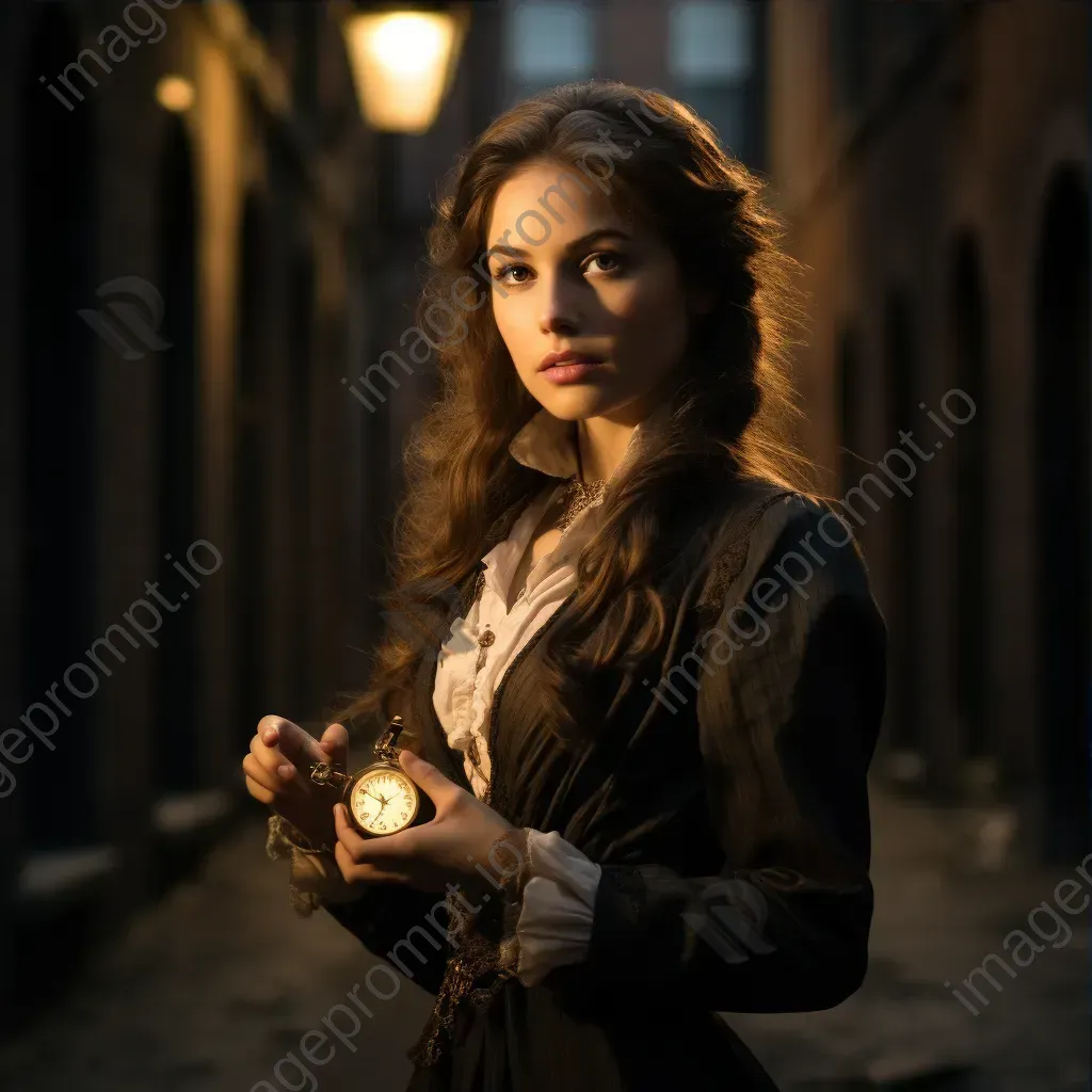 Portrait of a mysterious woman in Victorian attire with pocket watch in alley - Image 3