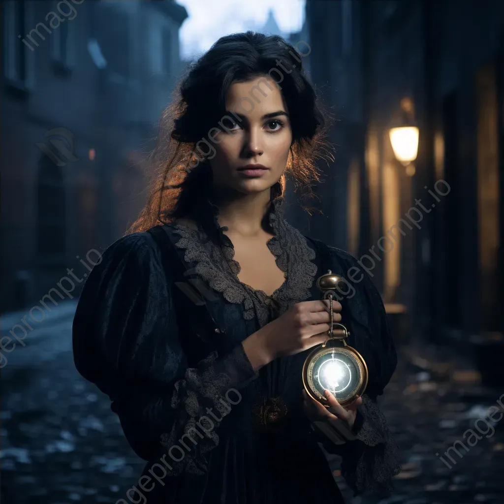 Portrait of a mysterious woman in Victorian attire with pocket watch in alley - Image 4