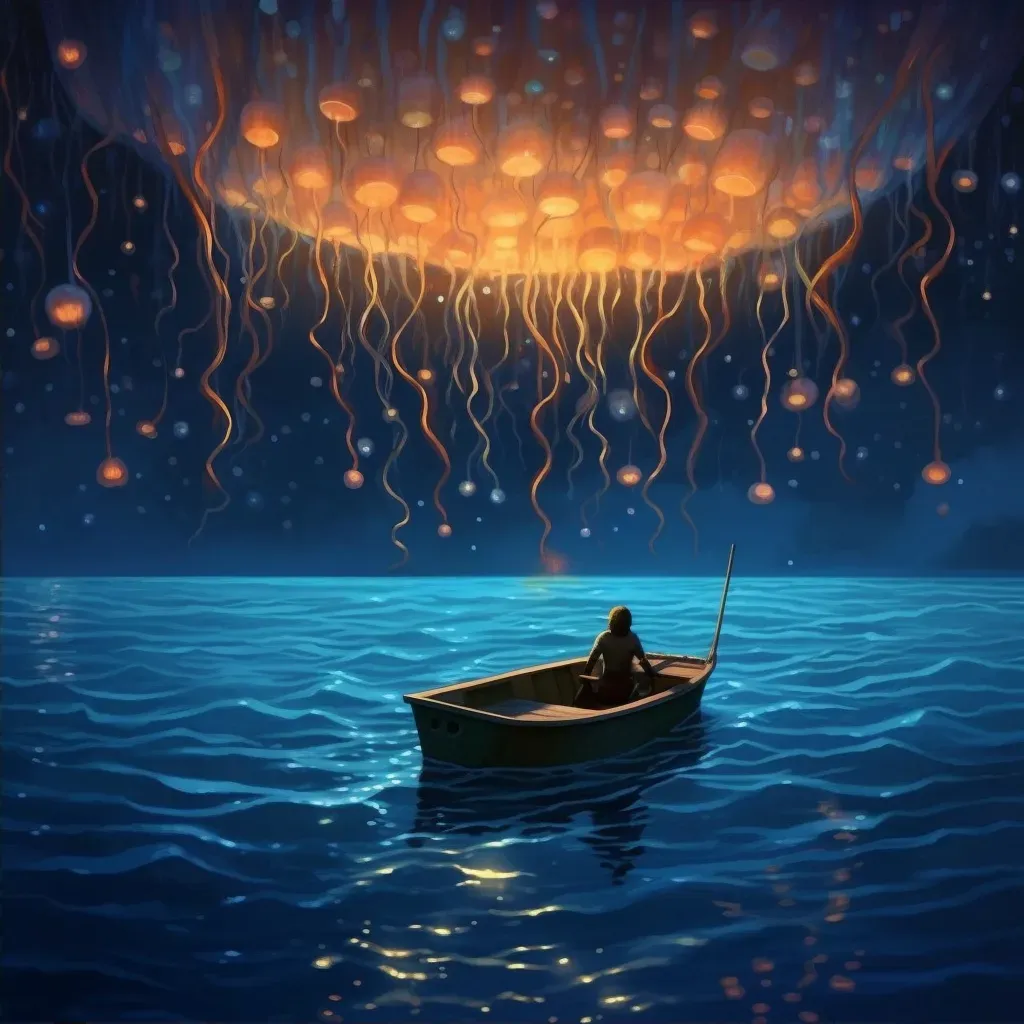 Sailor surrounded by glowing jellyfish under starry night sky - Image 2