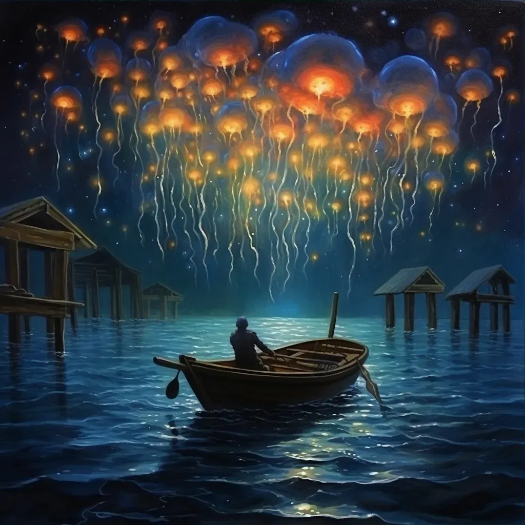 Sailor surrounded by glowing jellyfish under starry night sky - Image 3