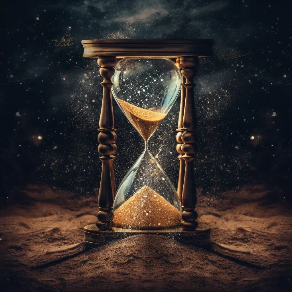 Visual representation of a large hourglass with golden sand descending - Image 2