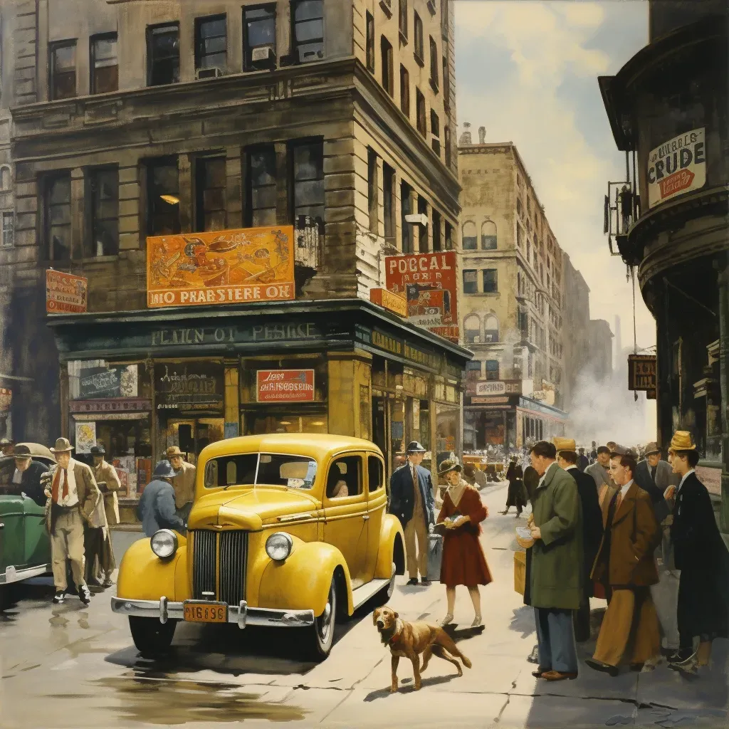 Image of a 1940s New York City street with yellow cabs and pedestrians in period clothing - Image 2