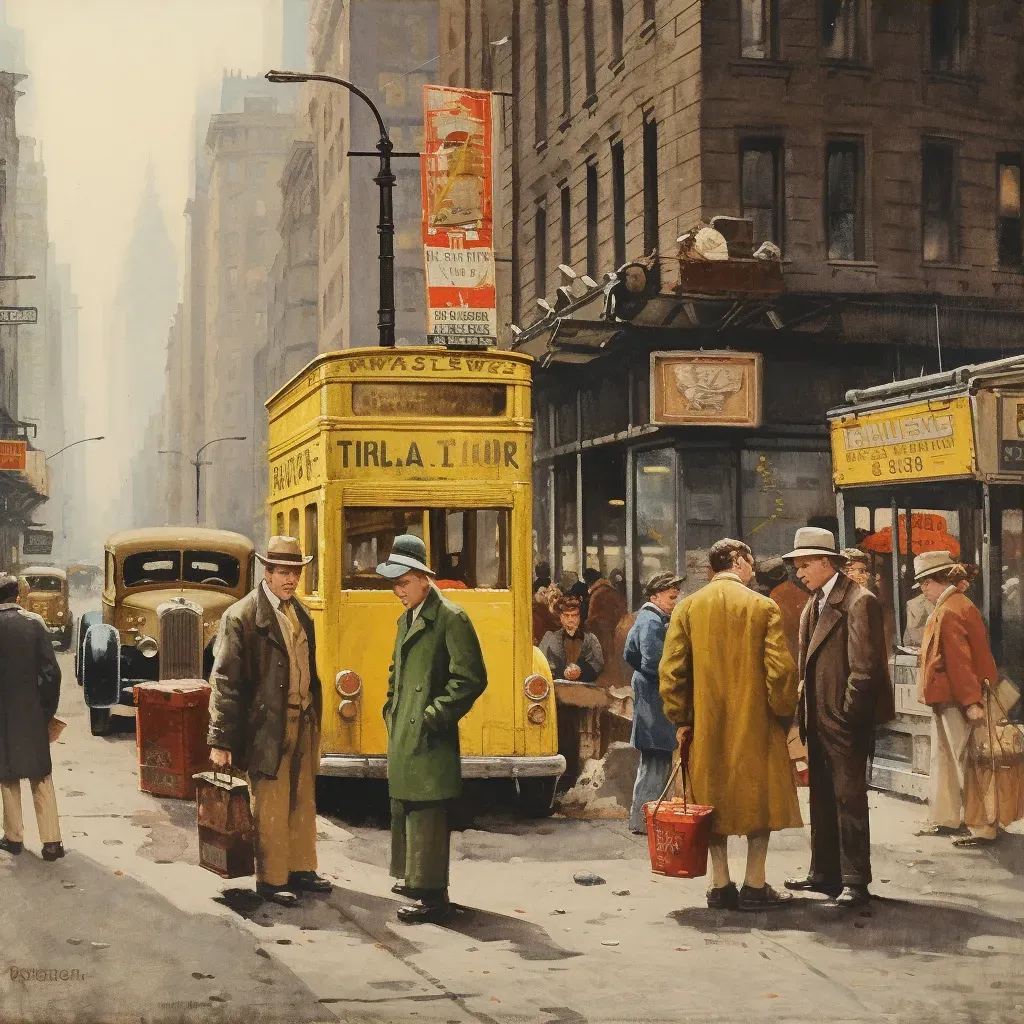 Image of a 1940s New York City street with yellow cabs and pedestrians in period clothing - Image 3