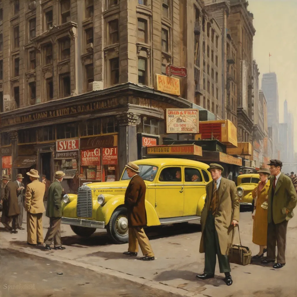 Image of a 1940s New York City street with yellow cabs and pedestrians in period clothing - Image 4