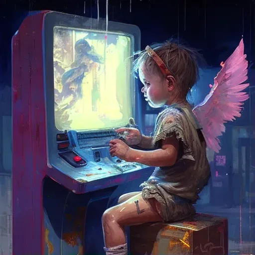 Cherub playing video game in neon-lit arcade - Image 1