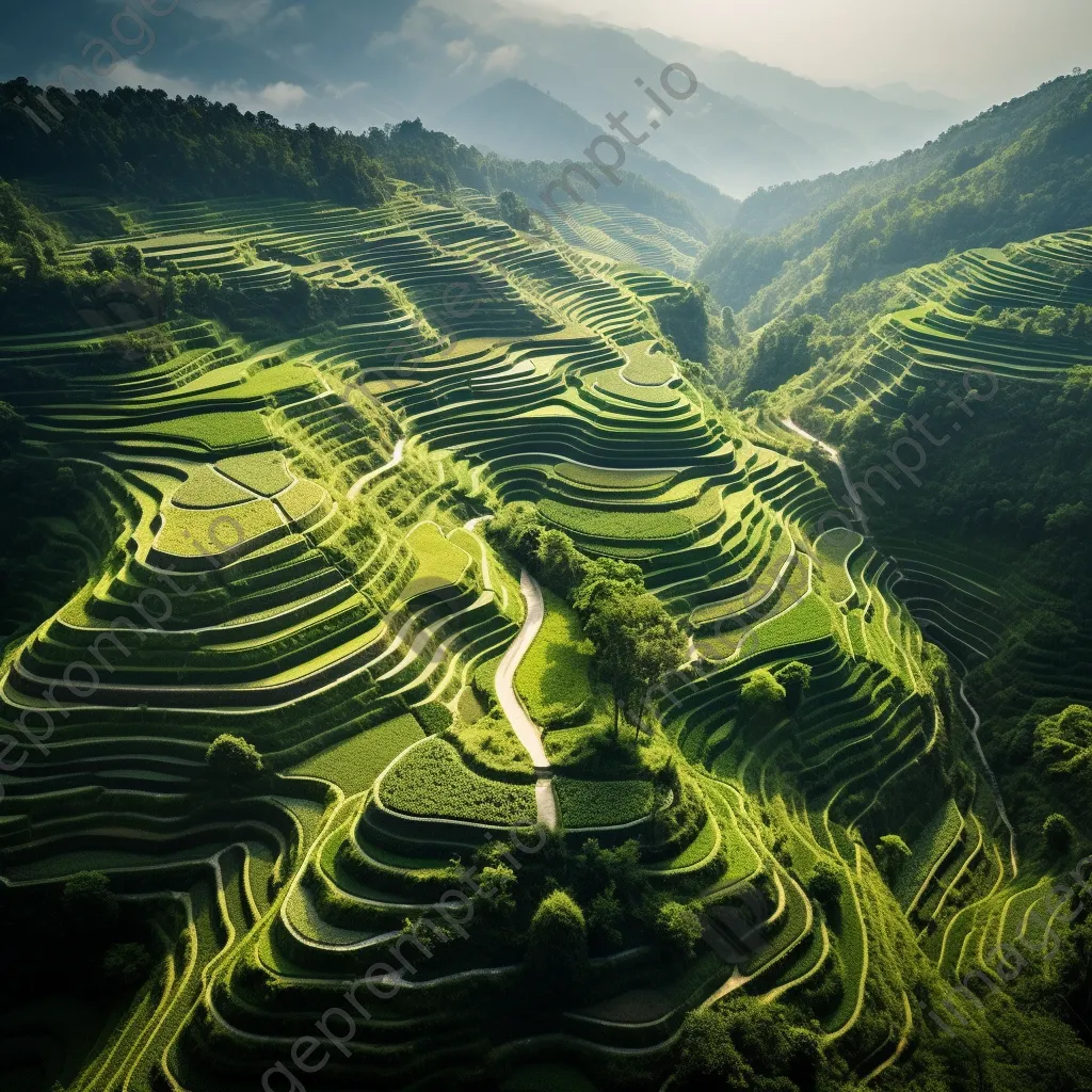 Aerial view of terraced tea fields on a mountainside - Image 1