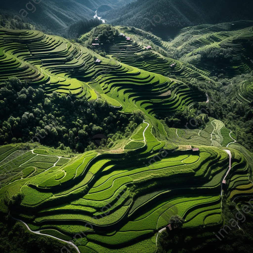 Aerial view of terraced tea fields on a mountainside - Image 3