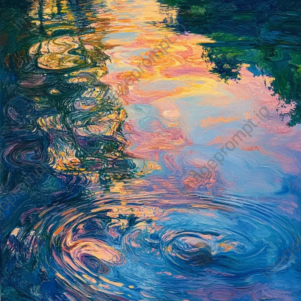 Oil painting of sunset reflection on an algae-covered lake - Image 1