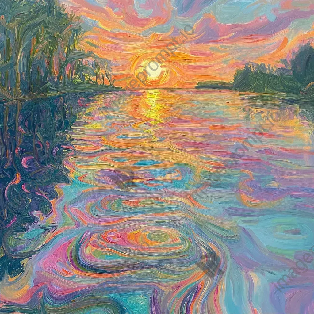 Oil painting of sunset reflection on an algae-covered lake - Image 2