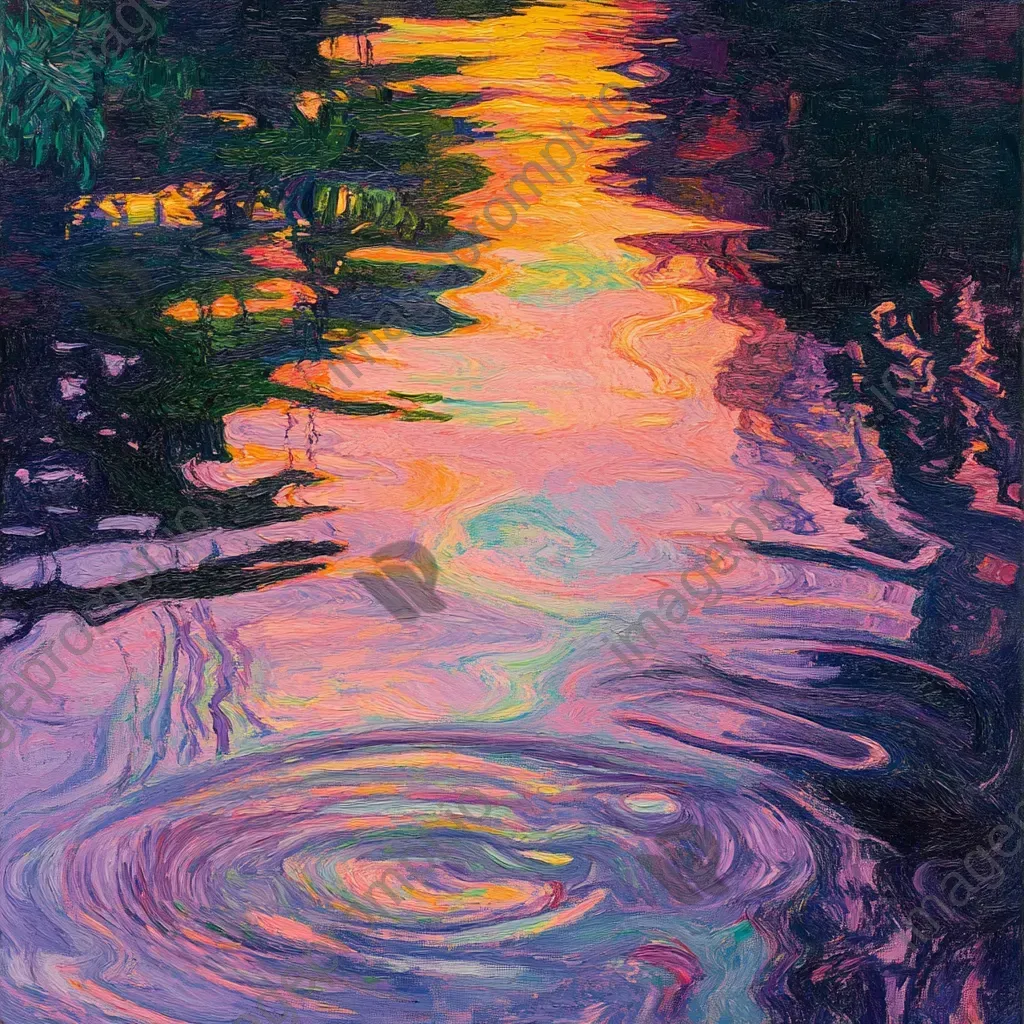 Oil painting of sunset reflection on an algae-covered lake - Image 3