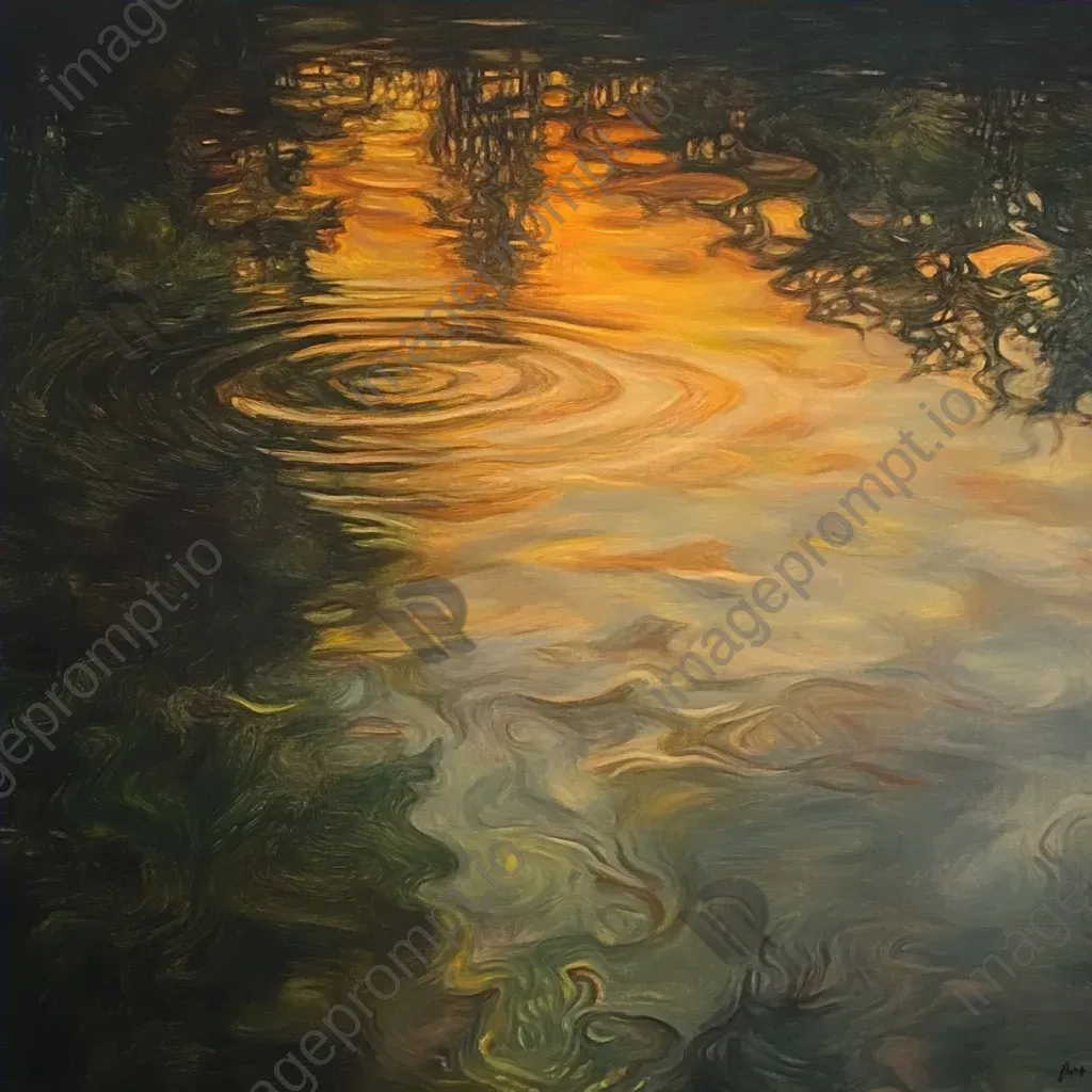 Oil painting of sunset reflection on an algae-covered lake - Image 4