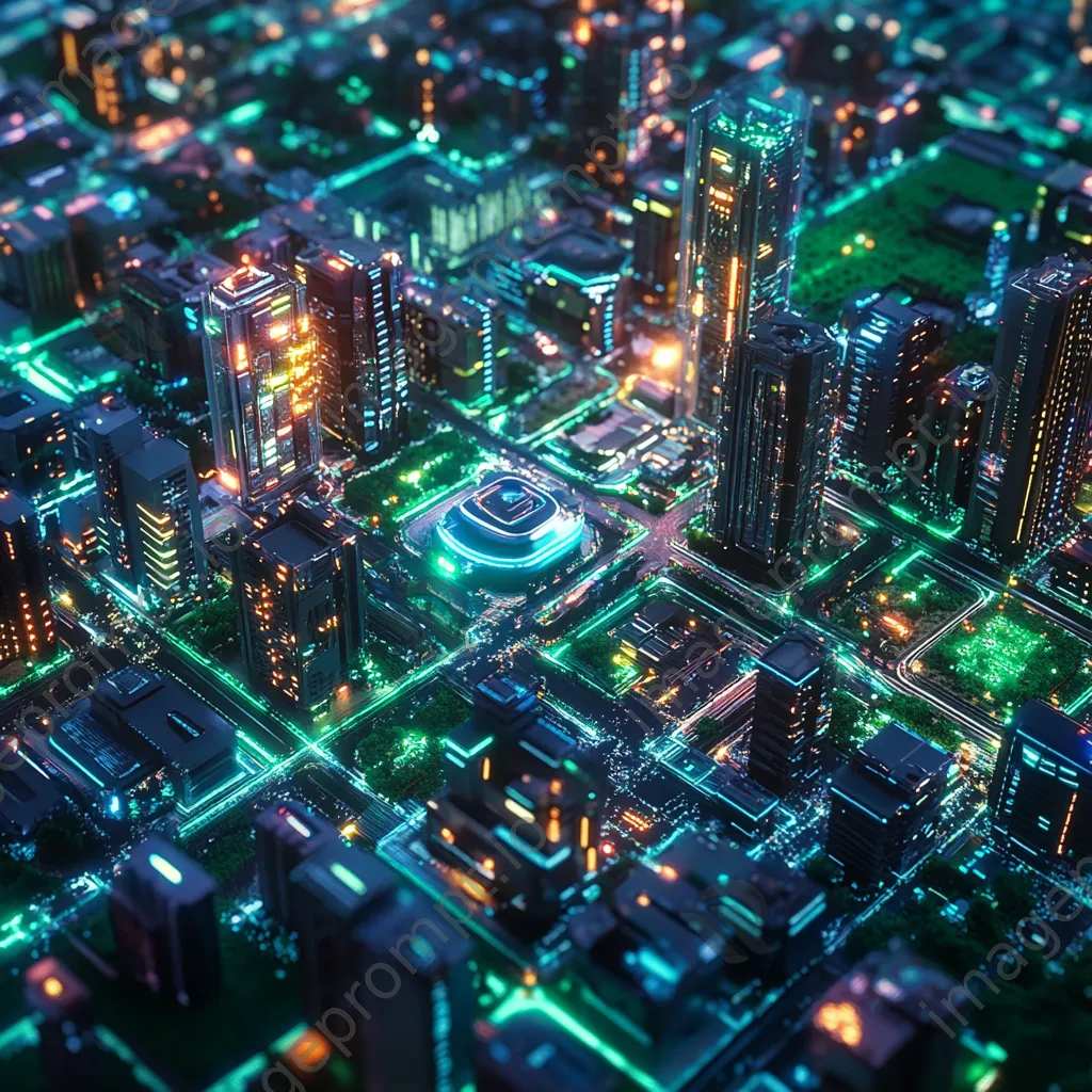 Aerial view of a futuristic city with glowing digital grids and parks, photographed with a Canon EOS R5. - Image 1