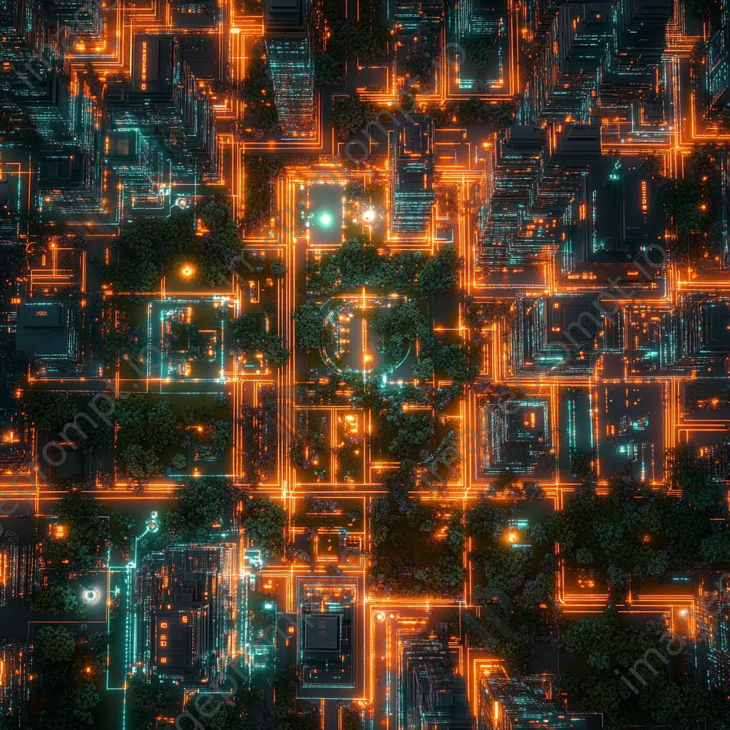 Aerial view of a futuristic city with glowing digital grids and parks, photographed with a Canon EOS R5. - Image 2