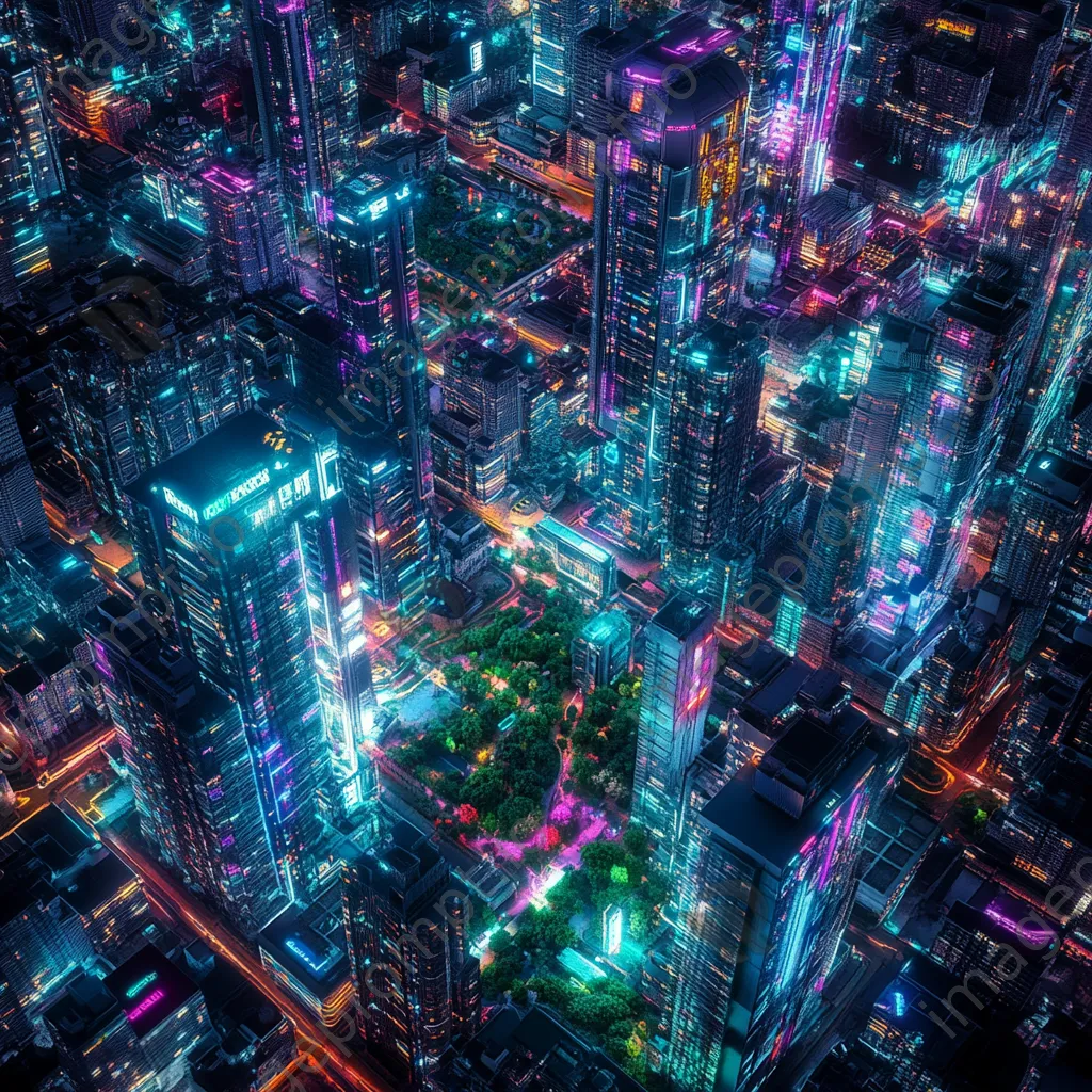 Aerial view of a futuristic city with glowing digital grids and parks, photographed with a Canon EOS R5. - Image 4