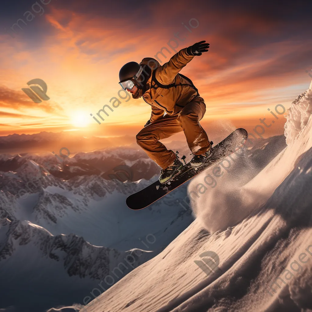 Snowboarder performing a trick in the air over snow-covered mountains during sunset - Image 1