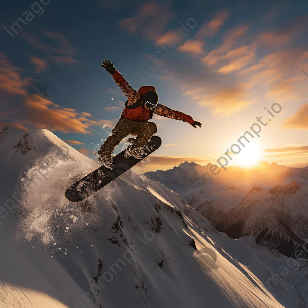 Snowboarder performing a trick in the air over snow-covered mountains during sunset - Image 2