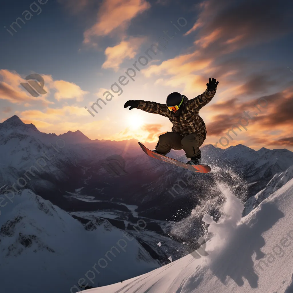 Snowboarder performing a trick in the air over snow-covered mountains during sunset - Image 3