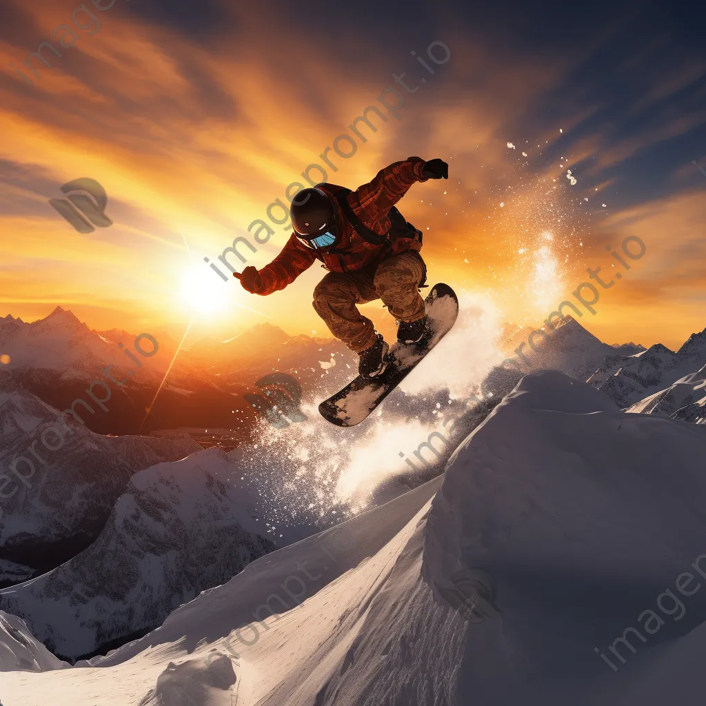 Snowboarder performing a trick in the air over snow-covered mountains during sunset - Image 4