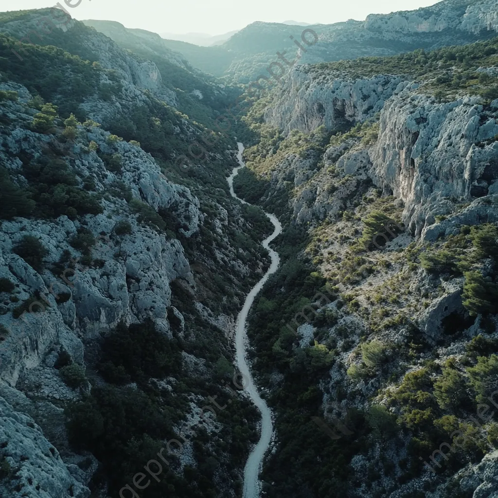 Aerial view of a hiking trail winding through rugged mountainous terrain. - Image 1