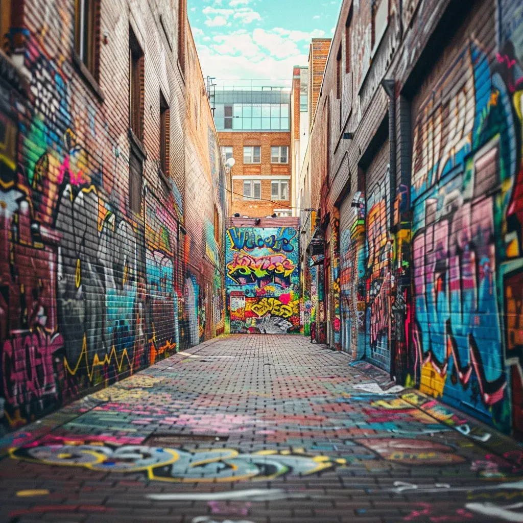 Colorful graffiti murals in an urban art alley - Image 1