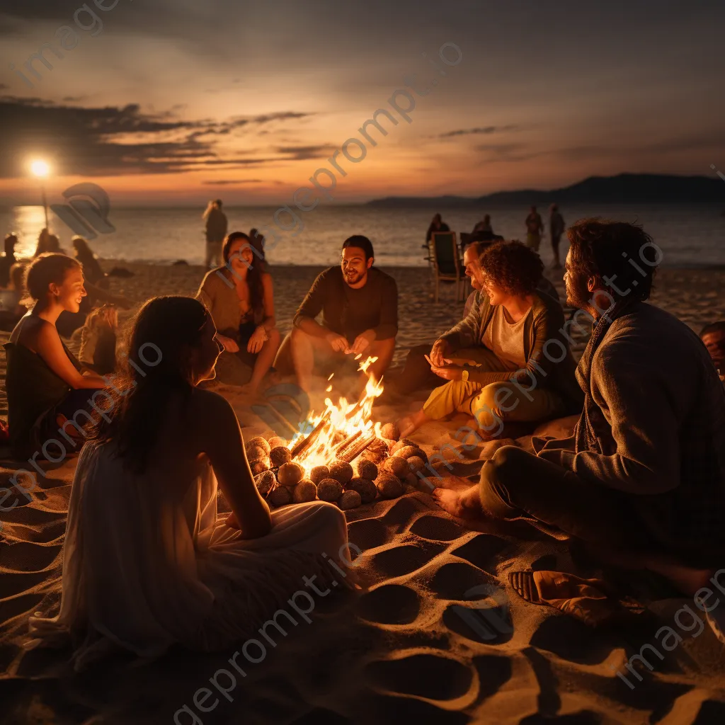 Friends sitting around a beach bonfire at dusk, illuminated by the warm glow of the fire. - Image 1